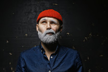 Santa Claus Hipster / Portrait Of A Fashionable Modern Santa, Young Man With A Gray Beard, Christmas Winter Portrait