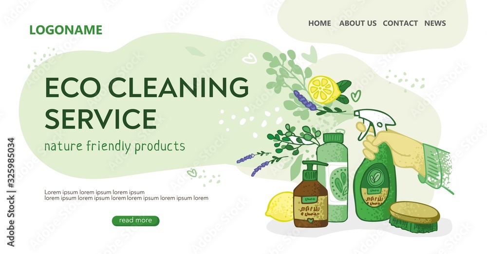 Template for the landing page for the eco cleaning service. Hand with a spray gun, jars, flowers on an abstract cloud. Banner for non-toxic house cleaning. Concept of green home. Vector illustration. - obrazy, fototapety, plakaty 