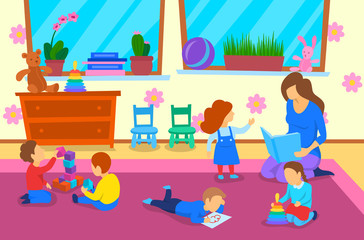 Canvas Print - Cartoon Color Characters People and Kindergarten Interior Inside Concept. Vector