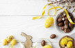 easter eggs on wooden background, copy space for text