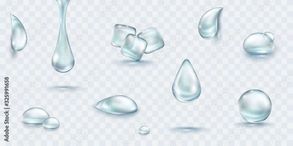 Water rain drop set isolated on transparent background. Realistic collagen droplet collection. Vector blue clear bubbles, aqua elements or dew template.. - obrazy, fototapety, plakaty 