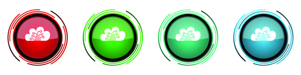 Aufkleber - Cloud computing round glossy vector icons, technology, circuit, data set of buttons for webdesign, internet and mobile phone applications in four colors options isolated on white background