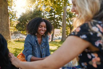 Wall Mural - Smiling portrait of a happy african american young woman sitting with her friends in the park having a picnic on a warm summer day