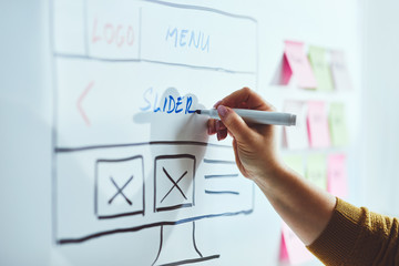 female web developer with blue marker planning website on whiteboard