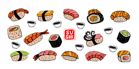 Set of hand drawn different Japanese sushi and rolls. Vector illustration.