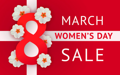 Wall Mural - March 8 sale banner. International Womens Day promotion card. Bold red number 8 as bow among the large flowers on red gift box with white ribbons