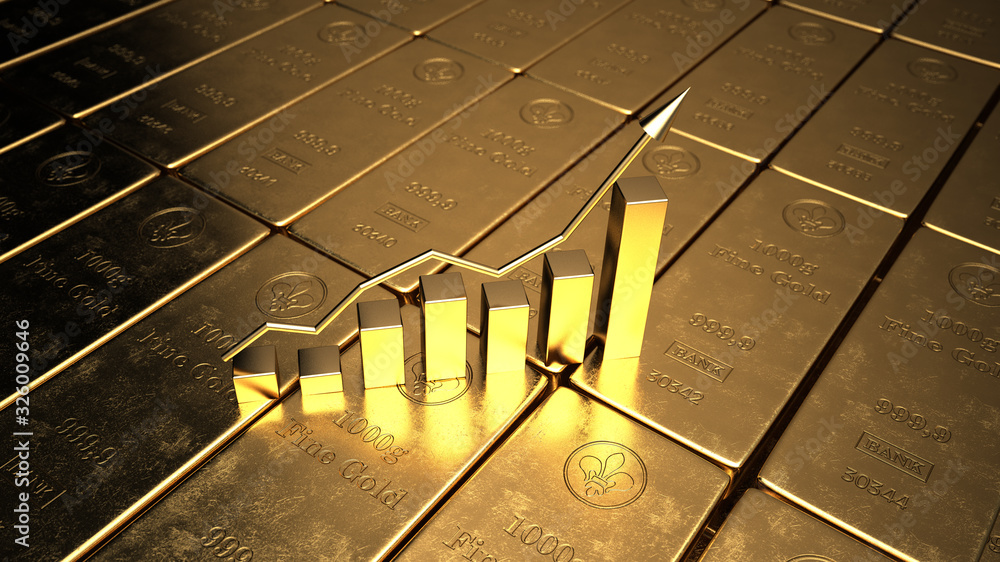 The price of gold on the stock exchange is rising. 3d illustration. - obrazy, fototapety, plakaty 