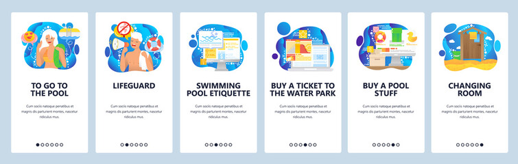 Wall Mural - water park and swimming pool, lifeguard, pool safety rules, changing roo,. mobile app onboarding scr