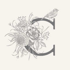 Decoration with letter C, decorative herbs, peonies flowers and bird.