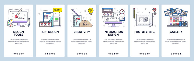 Creativity and design icons, drawing, painting, color palette, photo album, prototyping. Mobile app onboarding screens. Vector banner template for website and mobile development. Web site illustration