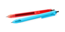 Red and blue retractable pens isolated on white