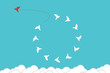 © madedee - Think differently concept. Be different. Red bird changing direction. New idea, change, trend, courage, creative solution, innovation and unique way concept.