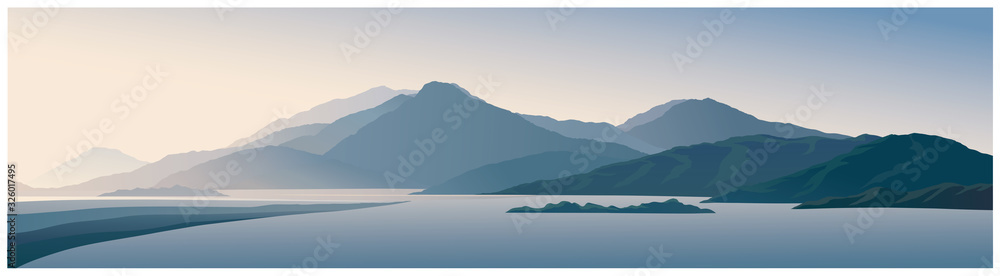 Mountain panoramic landscape with the silhouettes of the mountains against the dawn - obrazy, fototapety, plakaty 