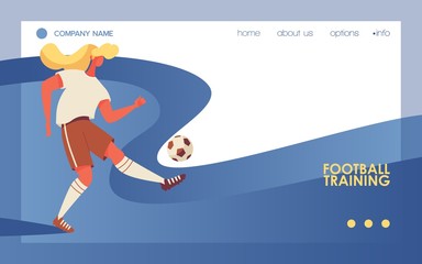 Wall Mural - Horizontal landing page with young woman character doing football training with ball. Blue wave on background. Concept sport banner good for soccer female school