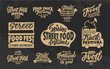 Set of vintage Street food phrases. Food fest emblems, badges, templates, stickers on black background.