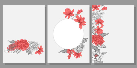 Wall Mural - Set of cards / templates with gray and red flowers