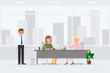 © Cherstva - Two woman sitting at desk, meeting, discussing, making decisions in office workplace vector illustration. Man assistant standing, girl and lady talking at table cartoon character design