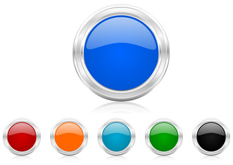 Poster - set of silver metallic chrome border buttons in 6 color options, web icons template with reflection