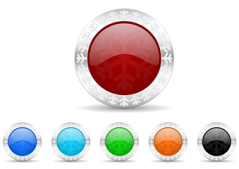 Poster - set of silver metallic chrome border web buttons in 6 color options, winter and snowflake concept icons template