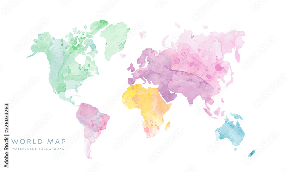 Vector hand drawn light grunge watercolor world map isolated on white background - obrazy, fototapety, plakaty 