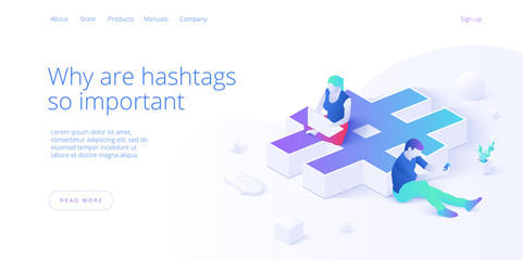 Hashtag benefits with young people using smartphone and laptop. Woman and man as part of social media marketing. Vector illustration in isometric design. Web banner layout template.