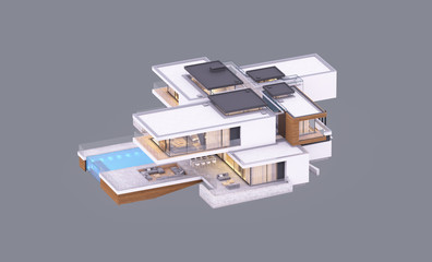 Wall Mural - 3d rendering of modern cozy house by the river with garage and pool for sale or rent in evening with cozy light from window. Isolated on gray