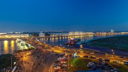 Wall Mural - night view of spit of vasilyevsky island and birzhevoy bridge with rostral column timelapse, saint p