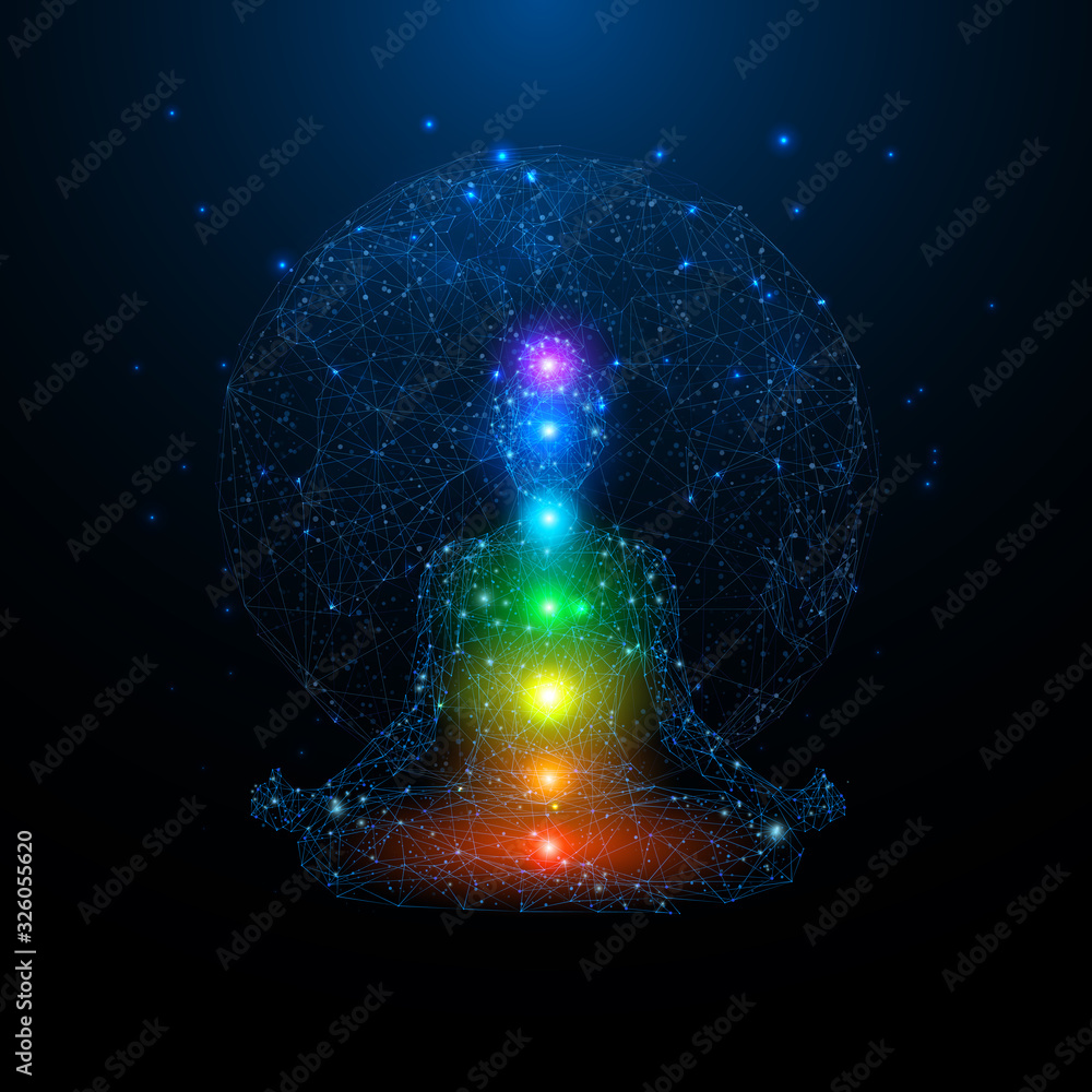 Yoga space concept. Young woman seats in a lotus position. Colorful chakras on body on blue Earth planet background. Low poly wireframe digital vector illustration. Polygons, lines and connected dots. - obrazy, fototapety, plakaty 