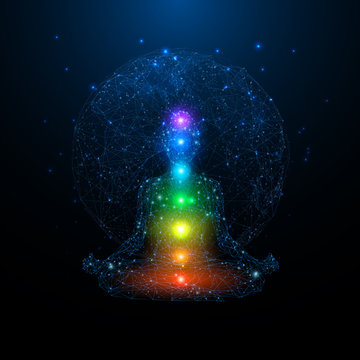 Yoga space concept. Young woman seats in a lotus position. Colorful chakras on body on blue Earth planet background. Low poly wireframe digital vector illustration. Polygons, lines and connected dots.