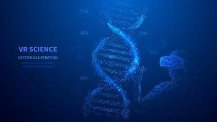 Virtual reality medicine or science concept. Abstract man in VR touching on DNA virtual model. Low poly wireframe digital technology vector illustration. Futuristic polygonal art. Polygons and dots.