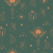 Mystical Seamless Pattern With Eyes, Sun, Phoenix, Angel And Griffin Mythical Creature, Esoteric And Boho Objects. Editable Vector Illustration