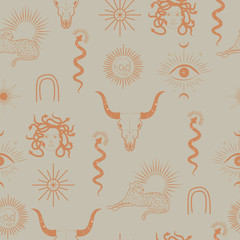 Wall Mural - mystical seamless pattern with eyes, skull, leopard, gorgon hand and snake mythical creature, esoter