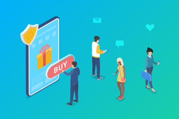 Canvas Print - safe security mobile shopping payment by smartphone mobile phone isometric flat vector design illust