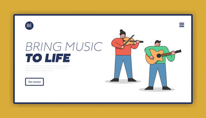 Wall Mural - Musical Education Concept. Website Landing Page. Perfomance Of Orchestra. Students Have A Group Music Lesson Play Violin And Guitar. Web Page Cartoon Linear Outline Flat Style. Vector Illustration