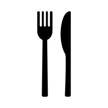 Silhouette Fork And Knife. Outline Icon Of Kitchenware. Black Simple Illustration For Dinner, Eating Food, Cafe, Restaurant. Flat Isolated Vector Image On White Background