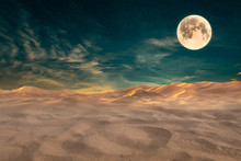 Full Moon In Cloudscape Over Sand Desert