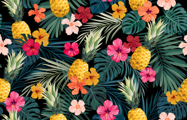 Wall Mural - Seamless hand drawn tropical vector pattern with exotic palm leaves, hibiscus flowers, pineapples and various plants on dark background.