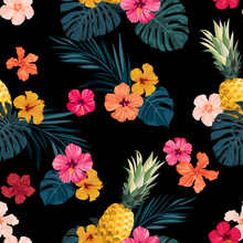 Seamless Hand Drawn Tropical Vector Pattern With Exotic Palm Leaves, Hibiscus Flowers, Pineapples And Various Plants On Dark Background.