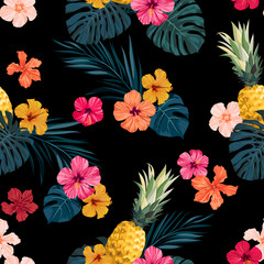 Wall Mural - Seamless hand drawn tropical vector pattern with exotic palm leaves, hibiscus flowers, pineapples and various plants on dark background.
