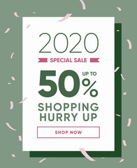 Poster - Discount Coupon 50% 2020 Season Sale. Green and Vegan Special Offer Banner Design. Shopping Time Banner Design 50% Special Offer Promo Ad. Newsletter Template Vector Illustration.