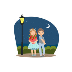 Canvas Print - Happy Boy and Girl Walking in the Park at Night Under the Moon, Friendship and Love Between Kids, Happy Valentine Day Vector illustration