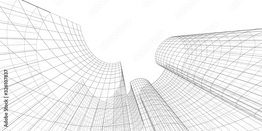 Abstract architectural background. Linear 3D illustration. Concept sketch