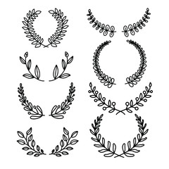 Wall Mural - Collection of different black and white silhouette circular laurel foliate,  and olive wreaths depicting , achievement, heraldry, nobility. Vector illustration.