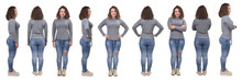 Large Group Of Same Woman With Jeans Front, Back And Side View On White Background