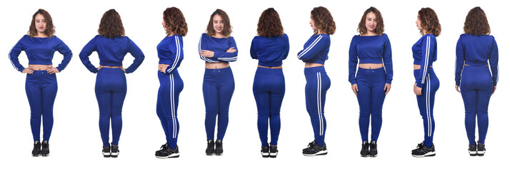 Wall Mural - large group of same woman with sportswear front, back and side view on white background,