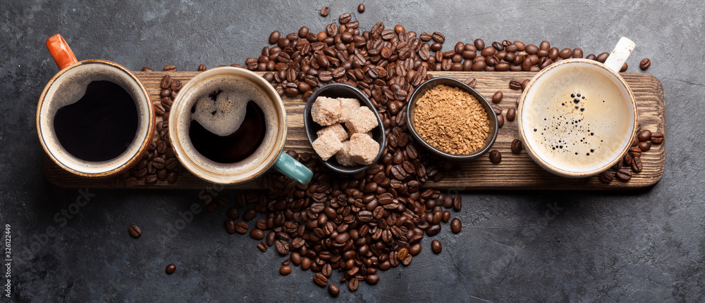 Coffee cup, sugar and roasted beans - obrazy, fototapety, plakaty 