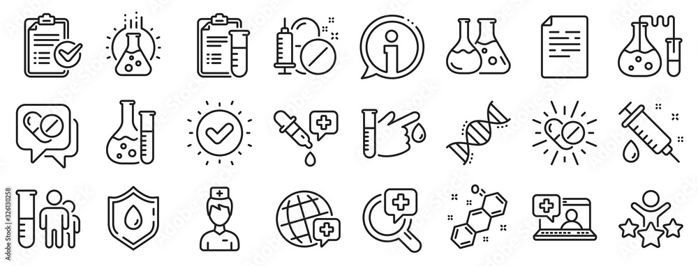 Drug testing, scientific discovery and disease prevention signs. Medical healthcare, doctor line icons. Chemical formula, medical doctor research, chemistry testing lab icons. Vector - obrazy, fototapety, plakaty 