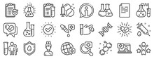 Drug Testing, Scientific Discovery And Disease Prevention Signs. Medical Healthcare, Doctor Line Icons. Chemical Formula, Medical Doctor Research, Chemistry Testing Lab Icons. Vector