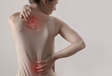 Woman With Back Pain. Incorrect Posture, Scoliosis, . Pain Relief Concept.
