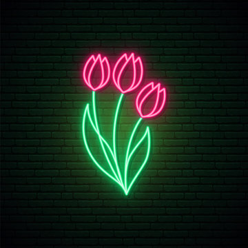 Red tulips neon sign. Bright spring flower bouquet illustration. Vector design template for greeting card, signboard, web banner..